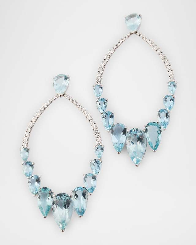 18K White Gold Diamond and Aquamarine Open Earrings
